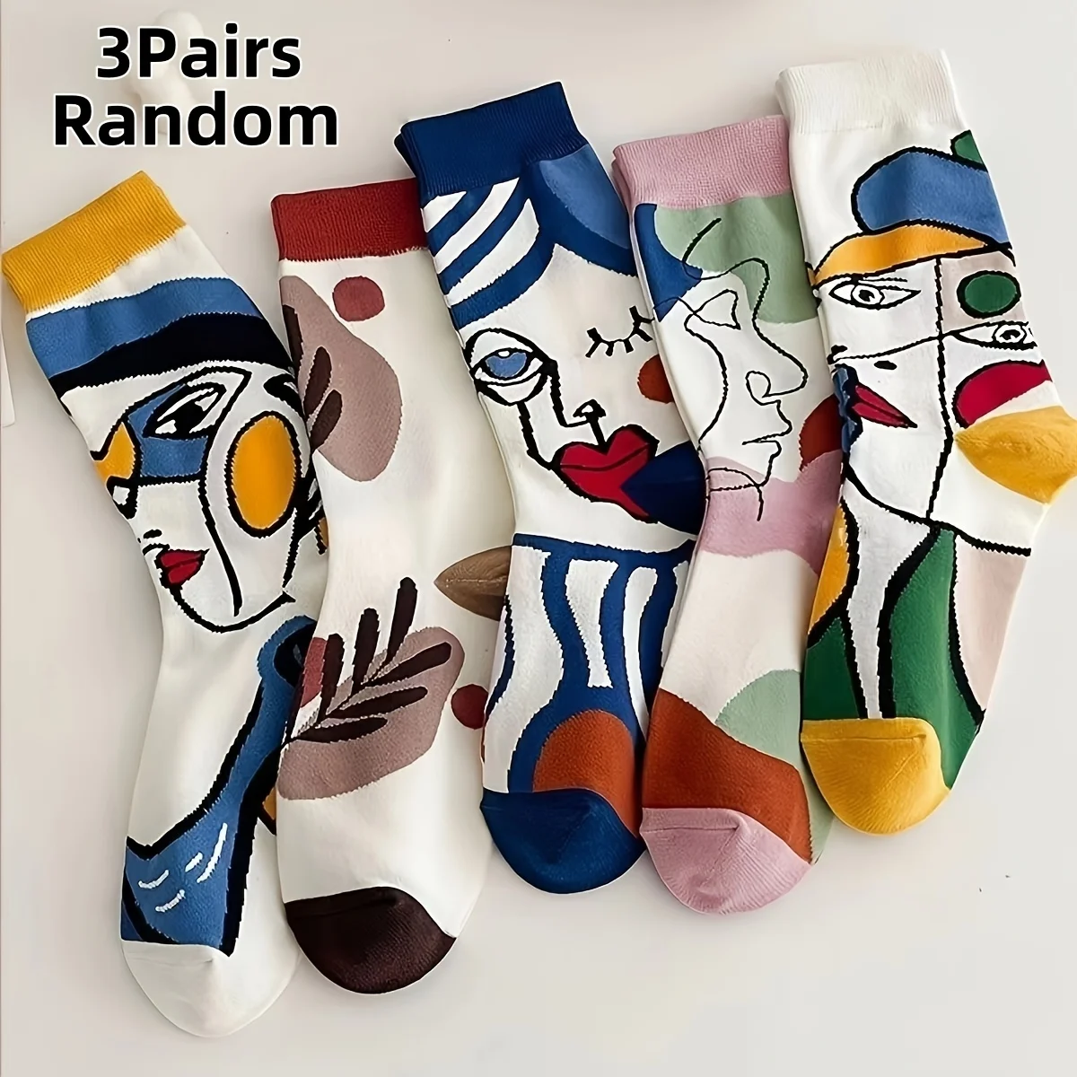 

3 pairs of abstract face socks - Artistic oil painting design tube socks, comfortable white with colorful abstract face