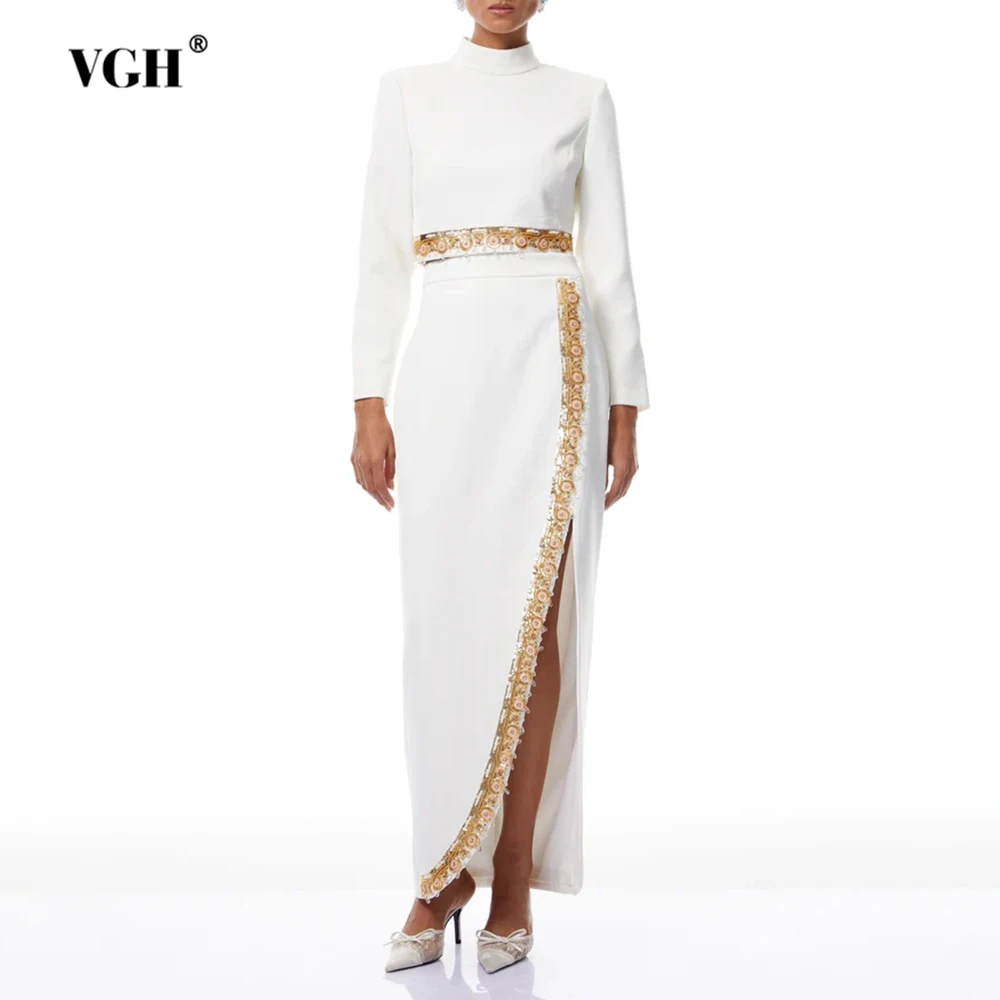 

VGH Элегантные утягивающие роскошные комплекты из двух предметов для женщин с воротником-стойкой и длинными рукавами, топ с высокой талией, шикарный комплект, женская мода, новинка