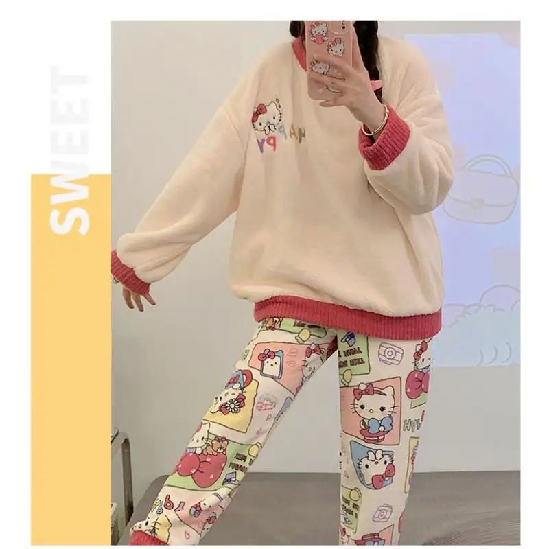 Hot Sanrio Girl Flanel Ronde Hals Winter Warm Houden Pyjama Set Kawaii Hello Kitty Comic Student Mode Verdikking Vrijetijdskleding