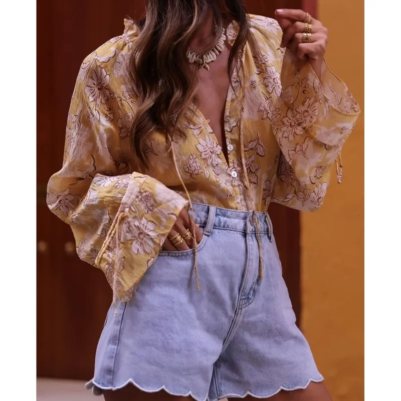 Boho Vacation Long Sleeve Shirt Fashion Flare Sleeve Lace-up V-neck Single Breasted Women Shirt 2025 New Floral Print Blouse Top
