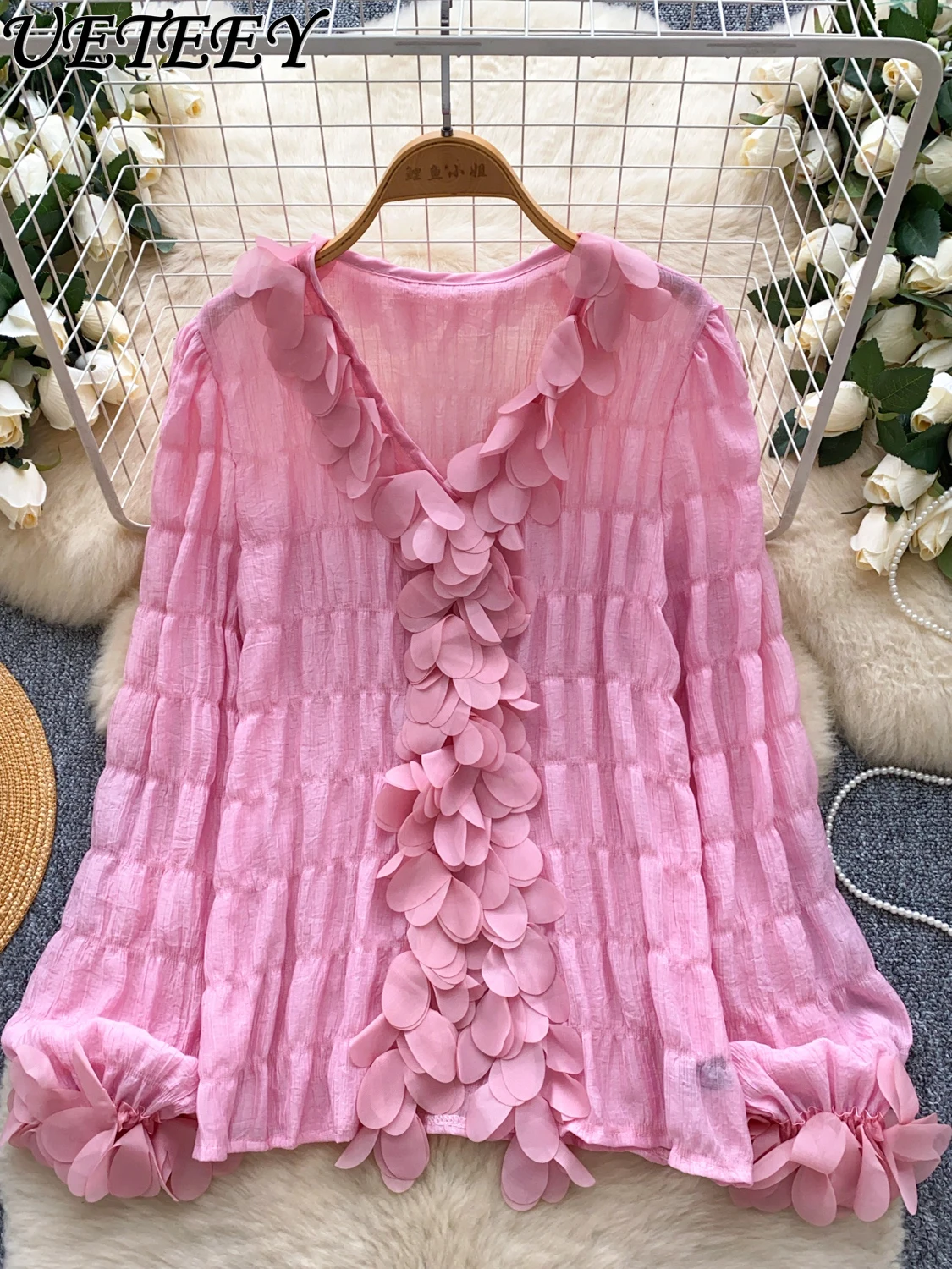 

French Style Gentle V-Neck Flower Long Sleeve Shirt Fashionable Women's Versatile Tops Loose Slimming Elegant Unique Blouse