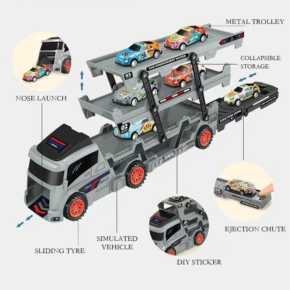 

Three-layer Catapult Truck Foldable with 6 Alloy Cars Cars Trucks Drop-resistant Deformed Container Truck Transporter for Boys