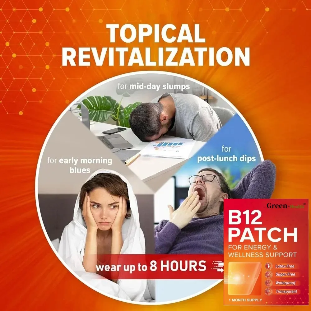 B12 Patch ( Of 30), Transdermal Patches Daily B12 Patches, Self-adhesive Natural Blend Patches, 1 Month Supply