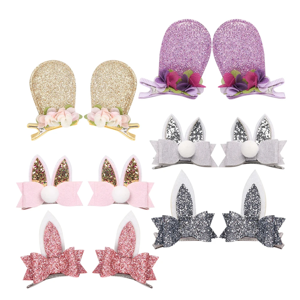

6 Pairs Rabbit Ears Hairpin Sequin Girl Accessories Claw Clips Silver Pink Purple Gold Hair Styling Cartoon Adorable Fashion