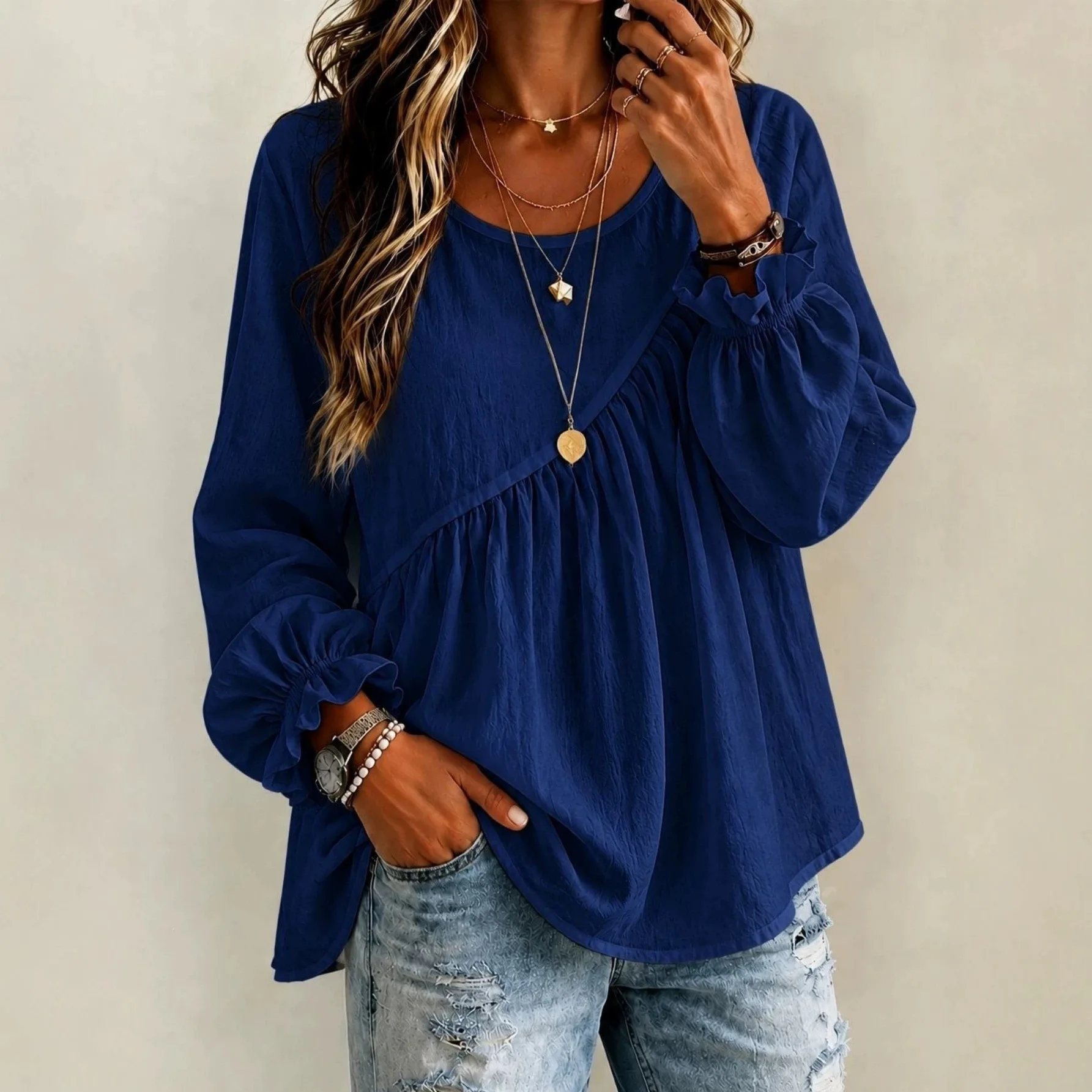 2026 New Style Women's Solid Color Circular Neck Long-sleeve Ruffled Shirt Top Random Multifunctional Loose Fit Sexy Beach Lace