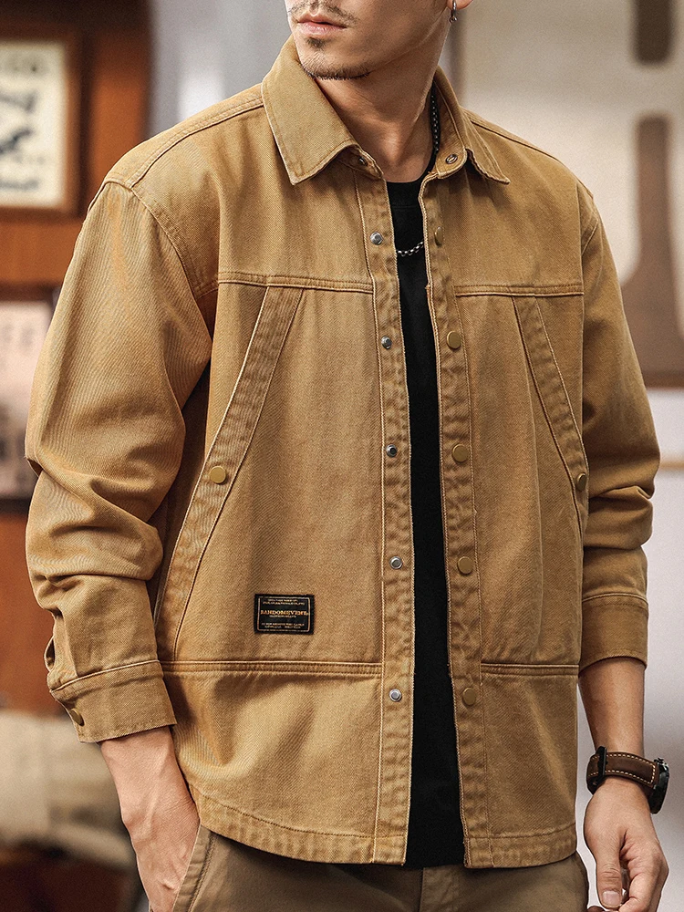 

American Retro Workwear Jaet Men's Spring Autumn Casual Pure Cotton Hard Man Outerwear Long Sve Button up Collar Coat