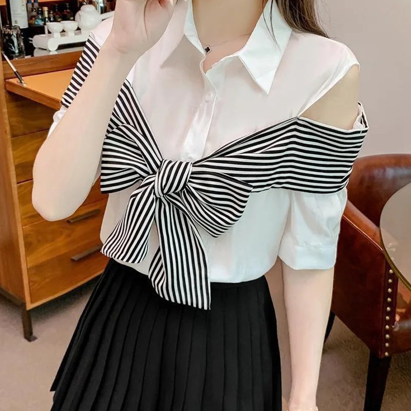 Temperament Off Shoulder Blouse Summer New Short Sleeve Bow Patchwork Solid Hollow Out Shirt Tops Fashion Elegant Women Clothing