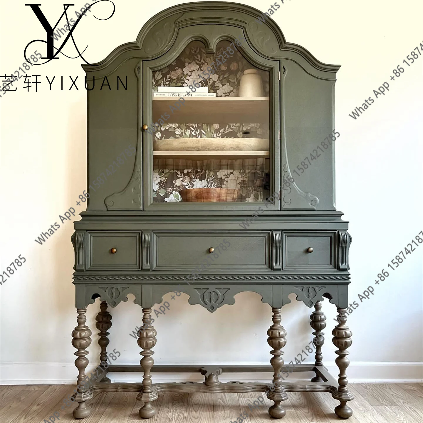 

French American solid wood carving flower retro wine cabinet French antique dining side cabinet storage high-end furniture