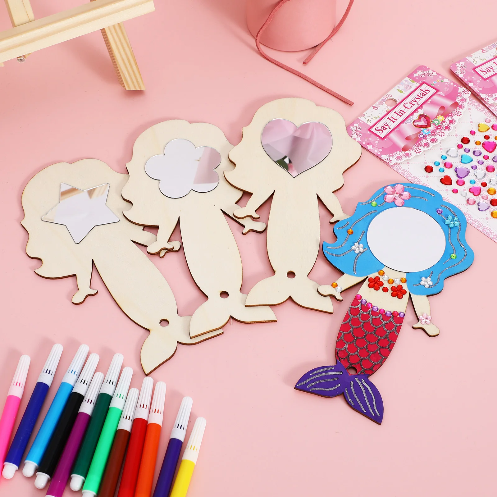 Mermaid Mirror DIY Handmade Crafts Gifts Girls Kids for Painted Birthday Favors Wooden