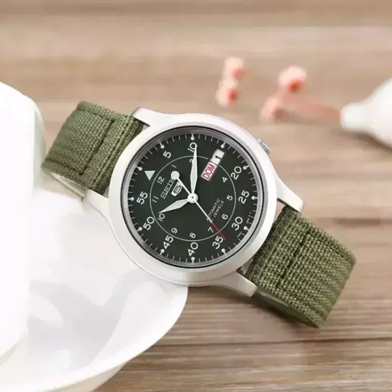 Original SEIKO SNK805 Automatic Stainless Steel Watch with Green Canvas Quartz Watch Fashion Casual Watch 5