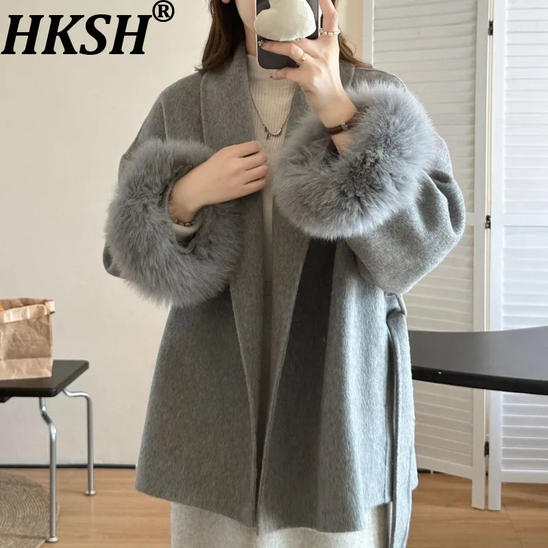 

HKSH осень-зима новое женское пальто с длинными рукавами в стиле пэчворк с меховыми поясами элегантная модная офисная женская двусторонняя шерстяная куртка HK12024