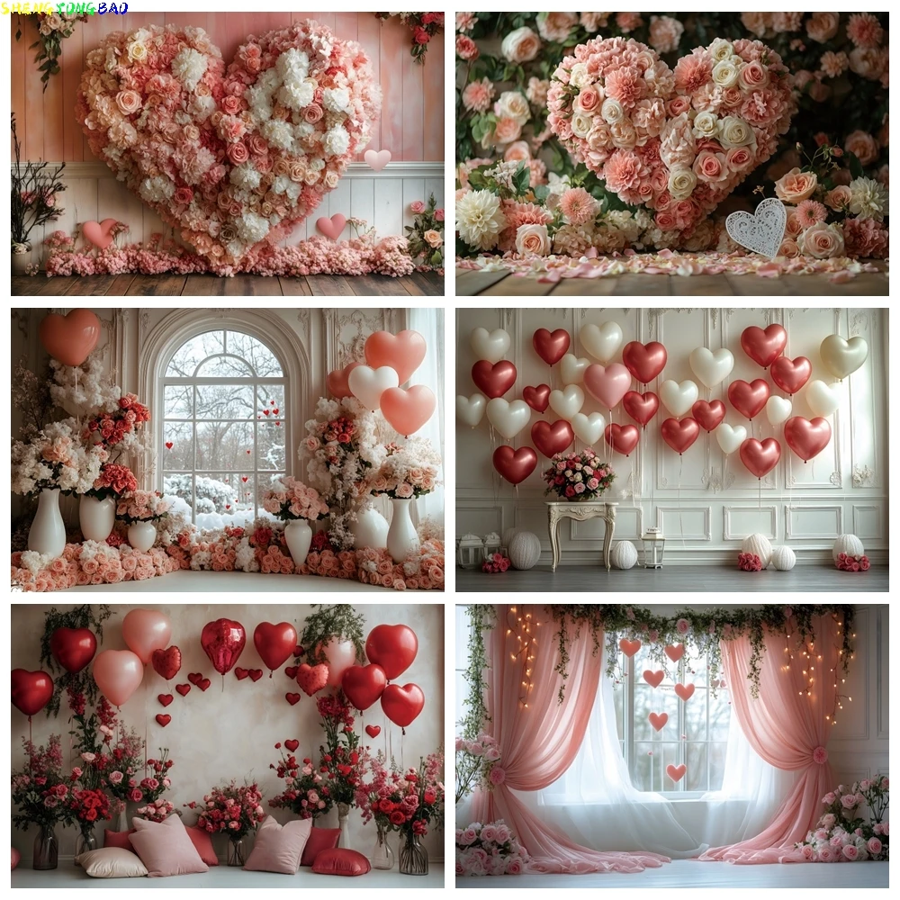 

Valentine's Day Photography Background Red Heart Balloon Rose Flowers Wedding Party Decor Portrait Backdrop Photo Studio