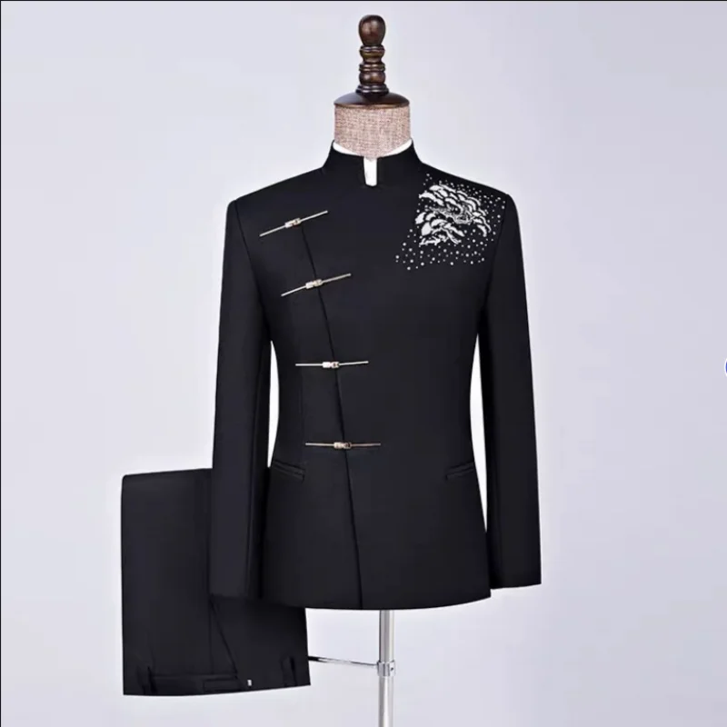 

Men's Chinese Tunic Suit Traditional Embroidery Stand Collar Slim Fit Blazer Pants Set Wedding Banquet Host Groom Formal Wear