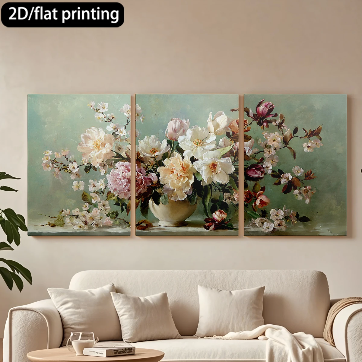 

2D плоская печать, набор из 3-х картин на холсте в деревянных рамах: Букет, различные цветы, керамическая ваза. Декор для коридора и спальни.