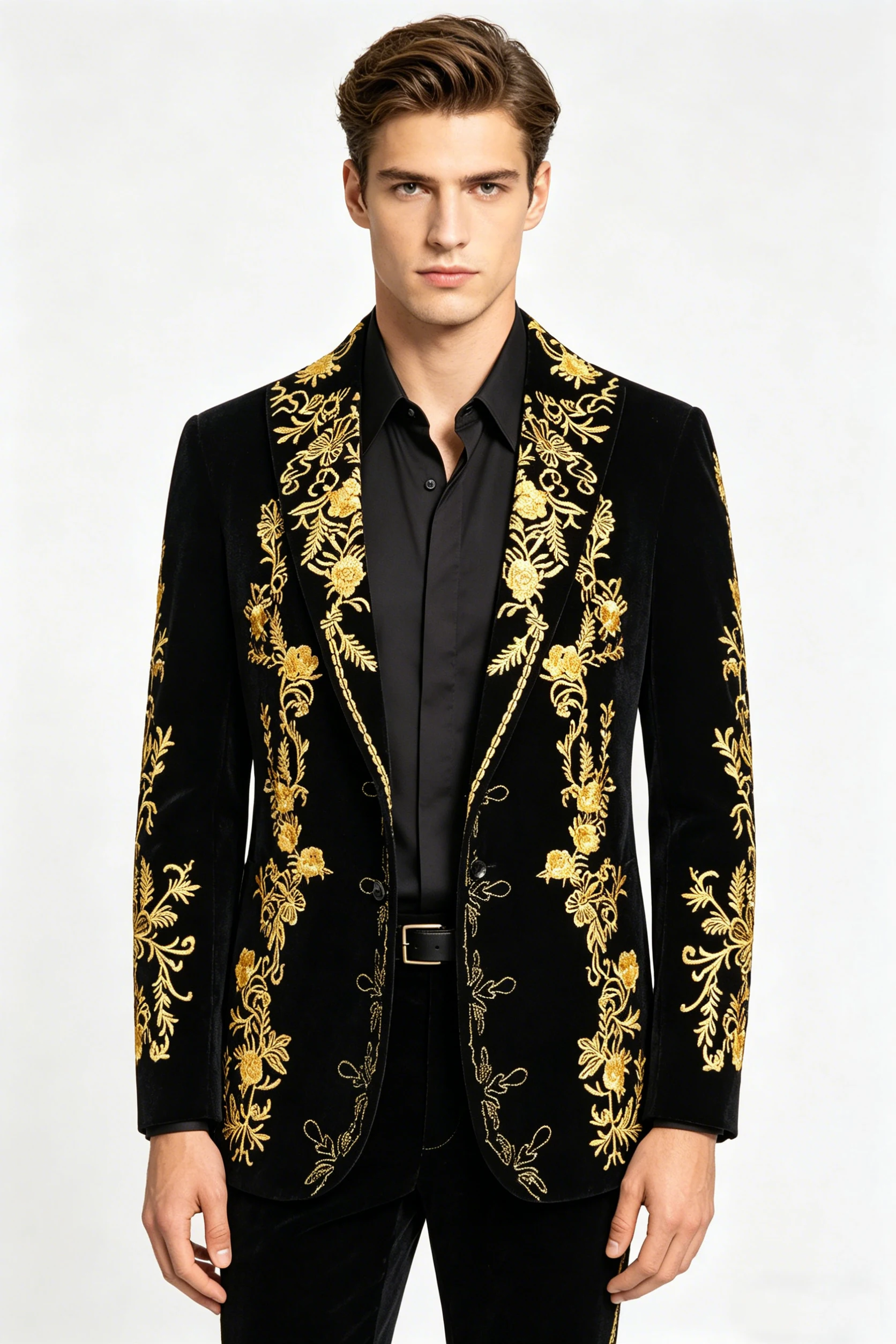 

Men Fashion Velvet Sequins Floral Pattern Suit Jacket Blazer