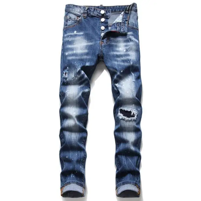 European and American Young Men's New Ripped Slim-fit Embroidered Paint-splashed Slightly Stretchy Casual Jeans for All Seasons.