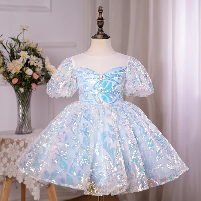 Customized Sequined Ball Gown Flower Girl Dresses O-Neck Puff Sleeve Bow Girl Birthday Gowns Temperament Elegant Junior Bridesma