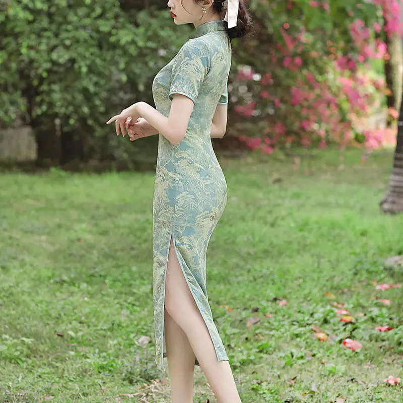 Cheongsam 2022 New Women\'s Summer Retro Green Elegant Daily Improved Young Wedding Dress High-end Chinese Style Dress