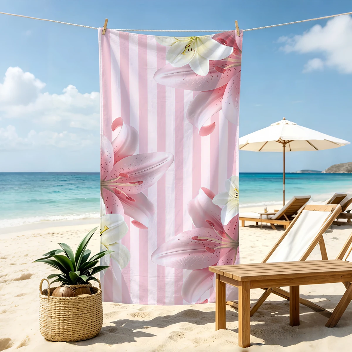 1pc pink striped beach towel, large floral printed beach towel, ultra-fine fiber absorbent quick drying beach towel