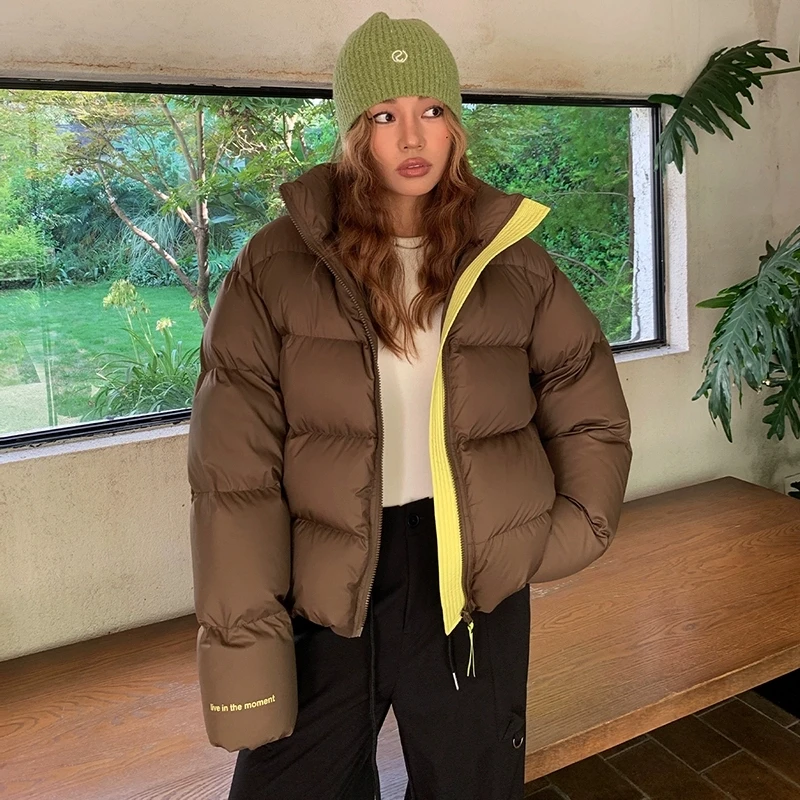 Color blocking Short Stand up collar Down Jacket For women Winter 2025 New Loose 90 White duck down Thicken Warm Coat Female