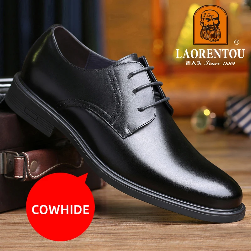 LAORENTOU genuine leather breathable men's business dress leather shoes, cowhide lace up black/brown commuting casual shoes