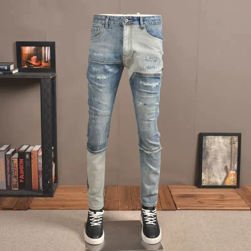 

Streetwear Fashion Men Jeans Retro Light Blue Spliced Designer Slim Fit Ripped Jeans Men Patched Stretch Hip Hop Pants Hombre