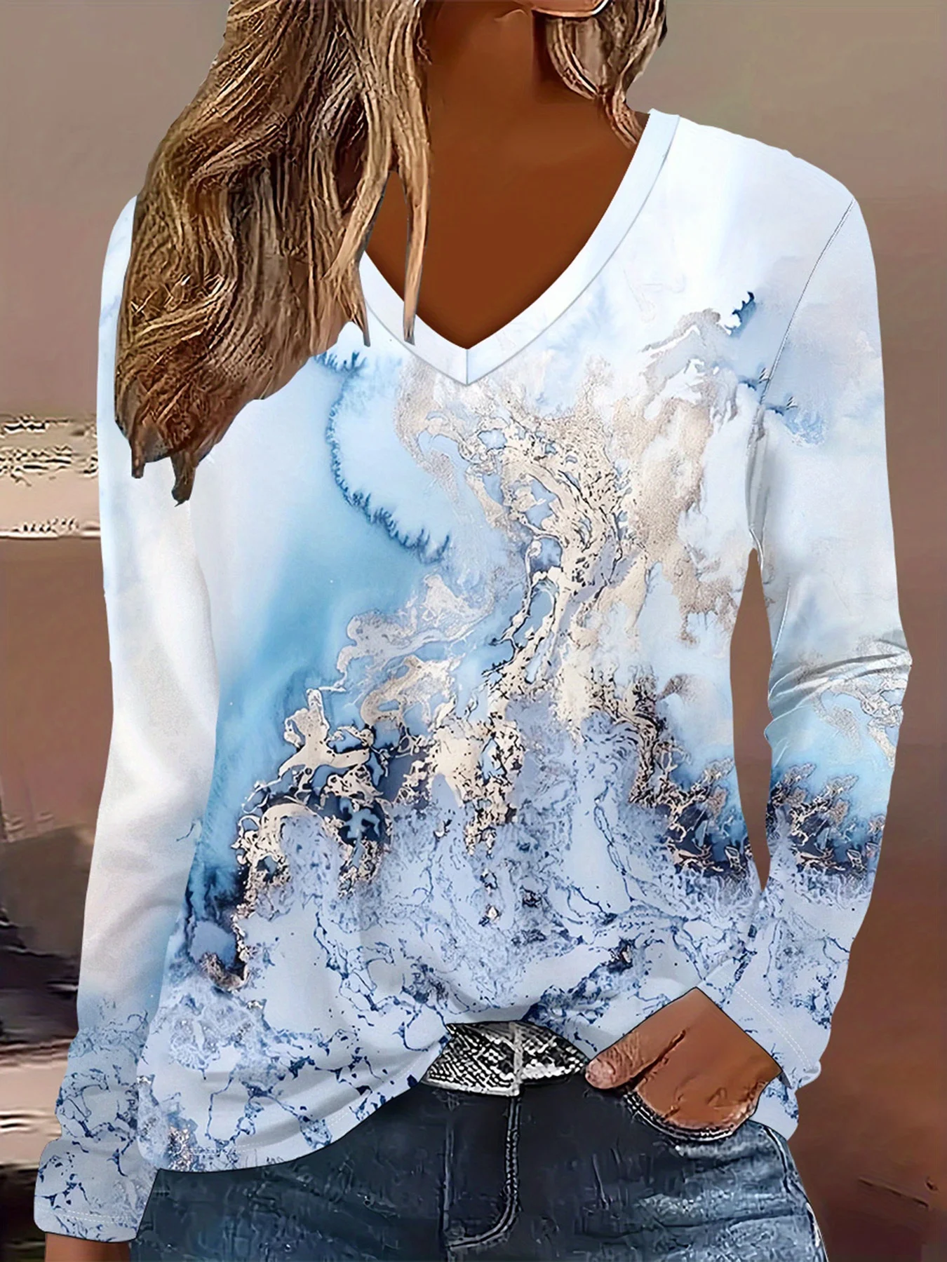 

Женская элегантная футболка с длинным рукавом и мраморным принтом с v-образным вырезом, мягкий полиэстер, отлично подходит для осенне-зимней повседневной одежды, топы с цветочным принтом
