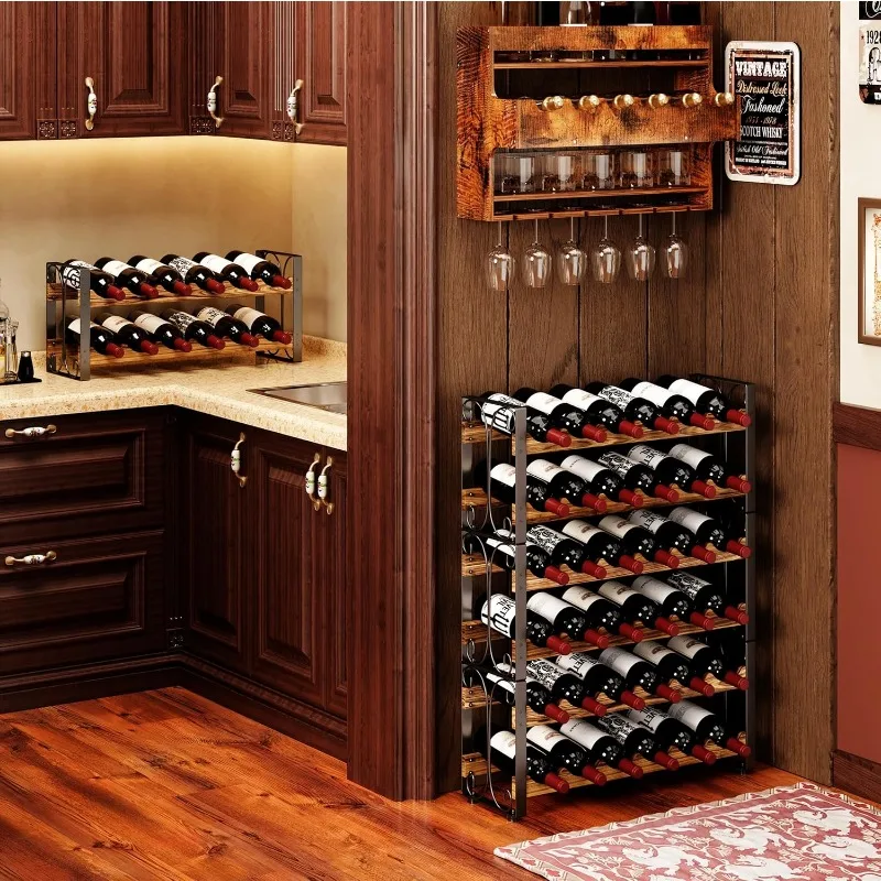 Stackable Rustic 36 Bottle Wine Rack, Freestanding Floor Holder Stand Can Used Separate or Stacked 6 Tier Stable Display