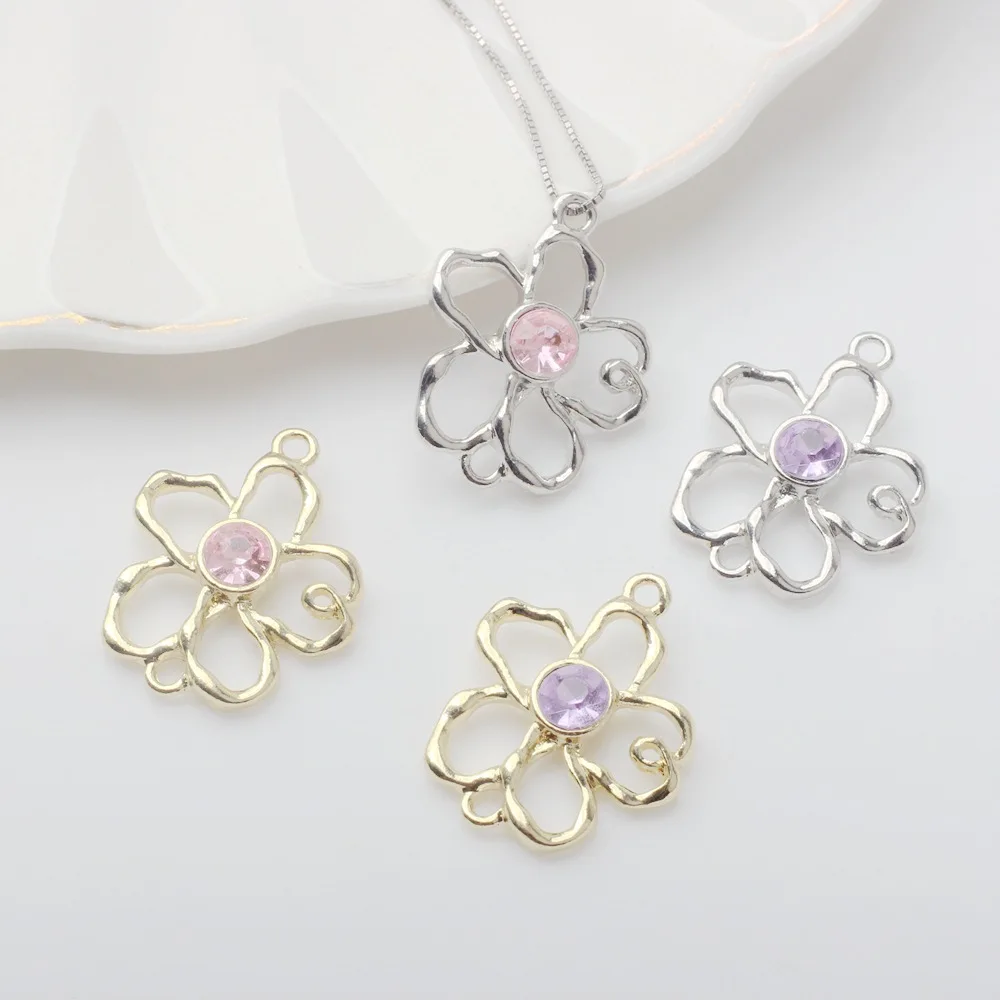 Zinc Alloy Charm Pendant with Hollow Flower Design and Crystal Accents Ideal for DIY Jewelry Making 10pcs/lot