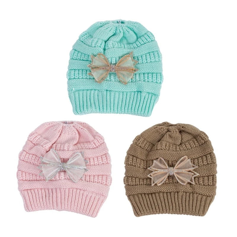 

Bowknot Decor Beanie Windproof Hat for Girls Cycling Hat with Ponytail Hole Drop shipping