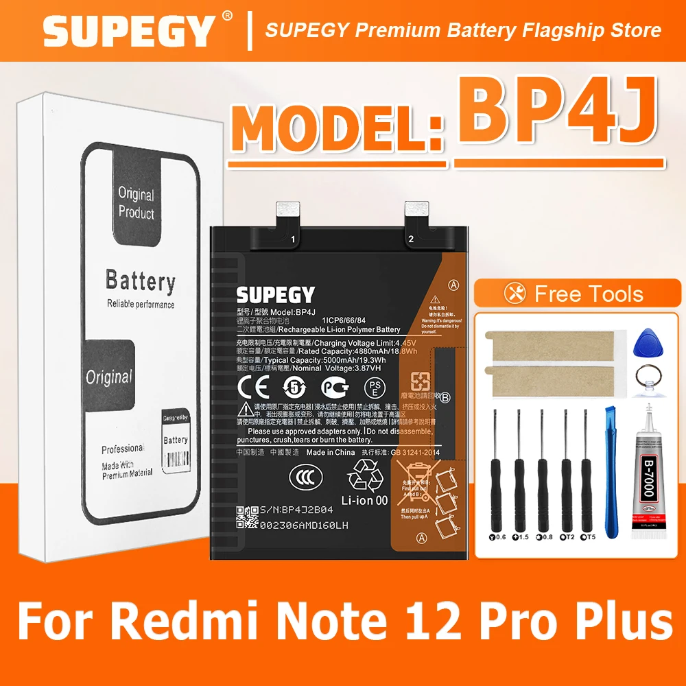 100% New BP4J 5000mAh Battery For Xiaomi Redmi Note 12 Pro Plus /Note 12 Pro+ 5G Phone batteries batteria+Free Too