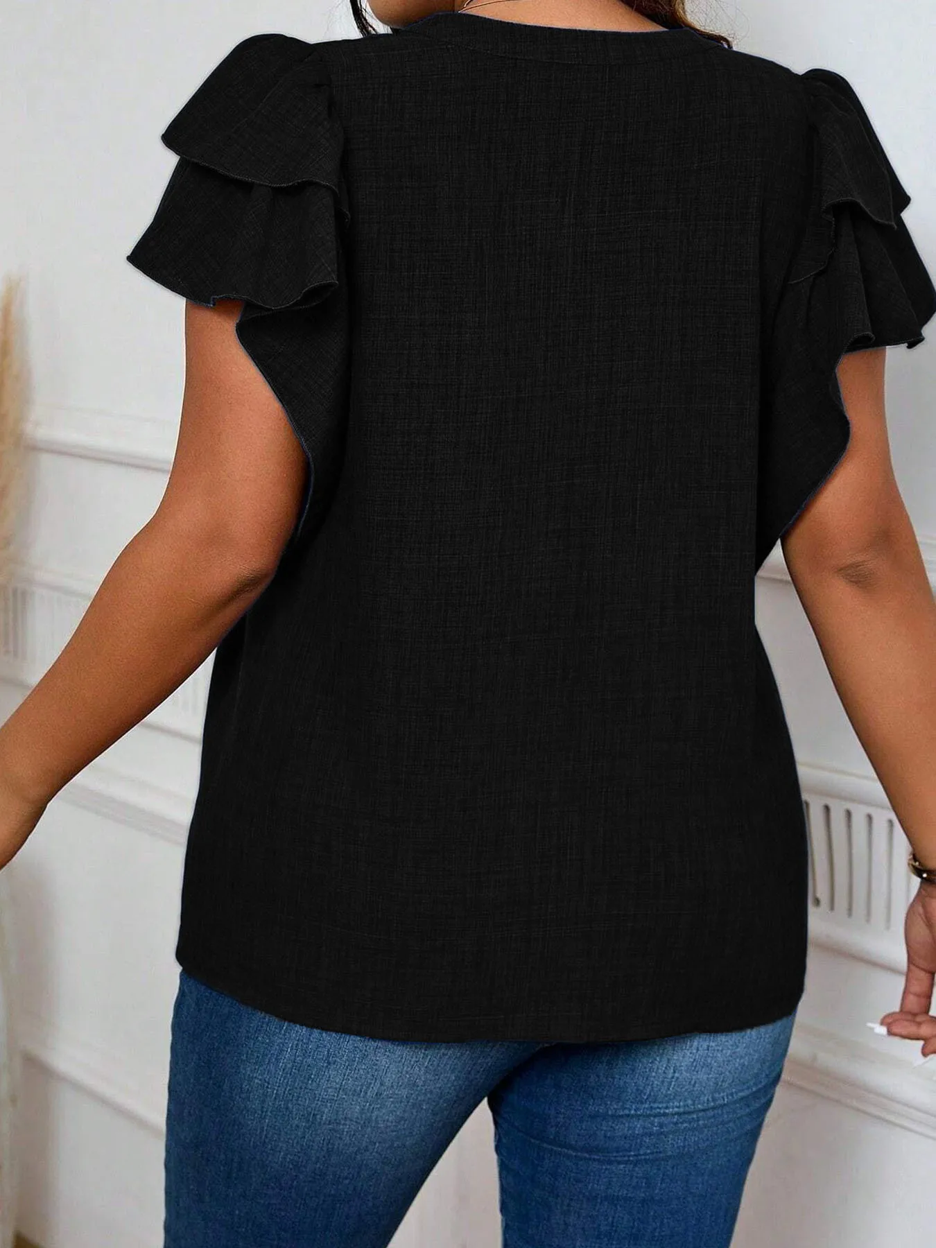 Women's Plus-Size Elegant Tiered-Sleeve V-Neck Blouse – Minimalist Top for Work or Casual Outings image 2