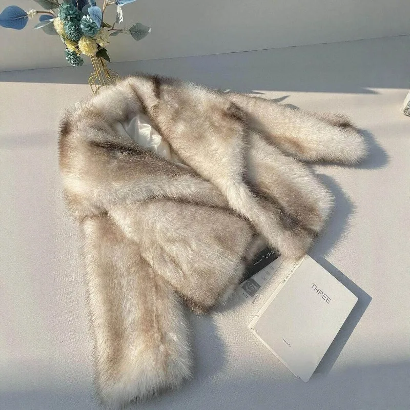 Cross-border Faux Fur Coat A Popular Gradient Faux Fox Fur Coat From Europe America Short and Large Lapel Simple and Warm New