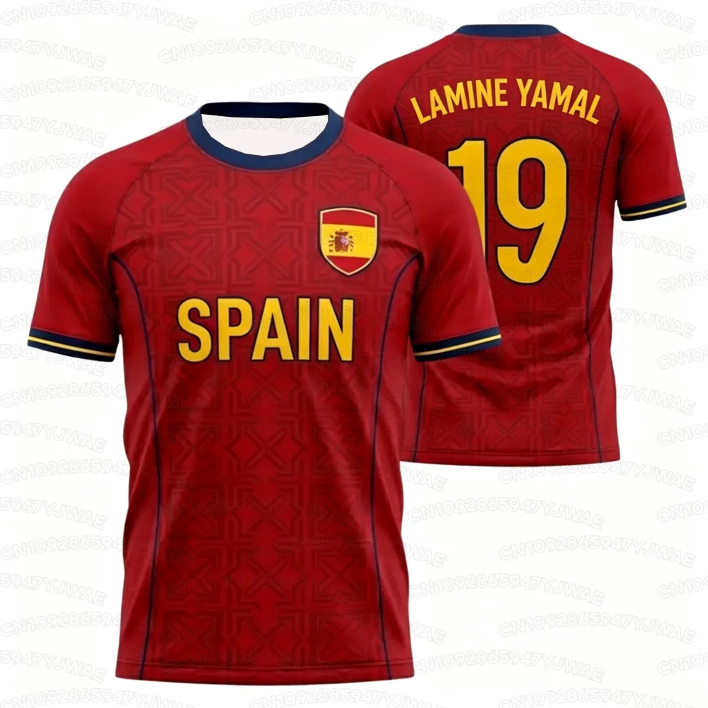Maillot de football espagnol pour adulte, numéro 19 imprimé, motifs géométriques cachés en tissu, emblème athlétique 2026, maillot de supporter