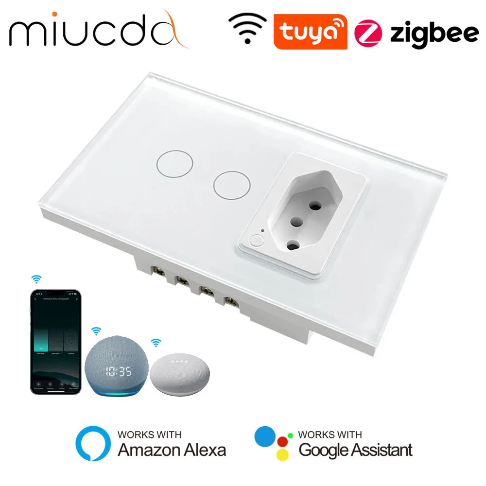 Miucad Tuya Zigbee Smart Wall Switch & Socket Brazilië Standaard 16a/20a 1/2 Knoppen Smart Light Schakelaar Werken Met Alexa Google Home