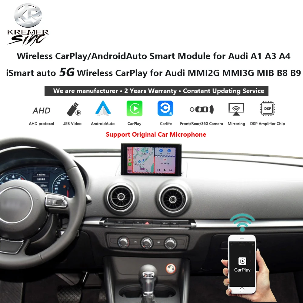 Gương Không Dây Apple CarPlay AndroidAuto Retrofit Cho Xe Audi A1 A3 A4 ISmart Tự Động MMI2G MMI3G MIB B8 B9