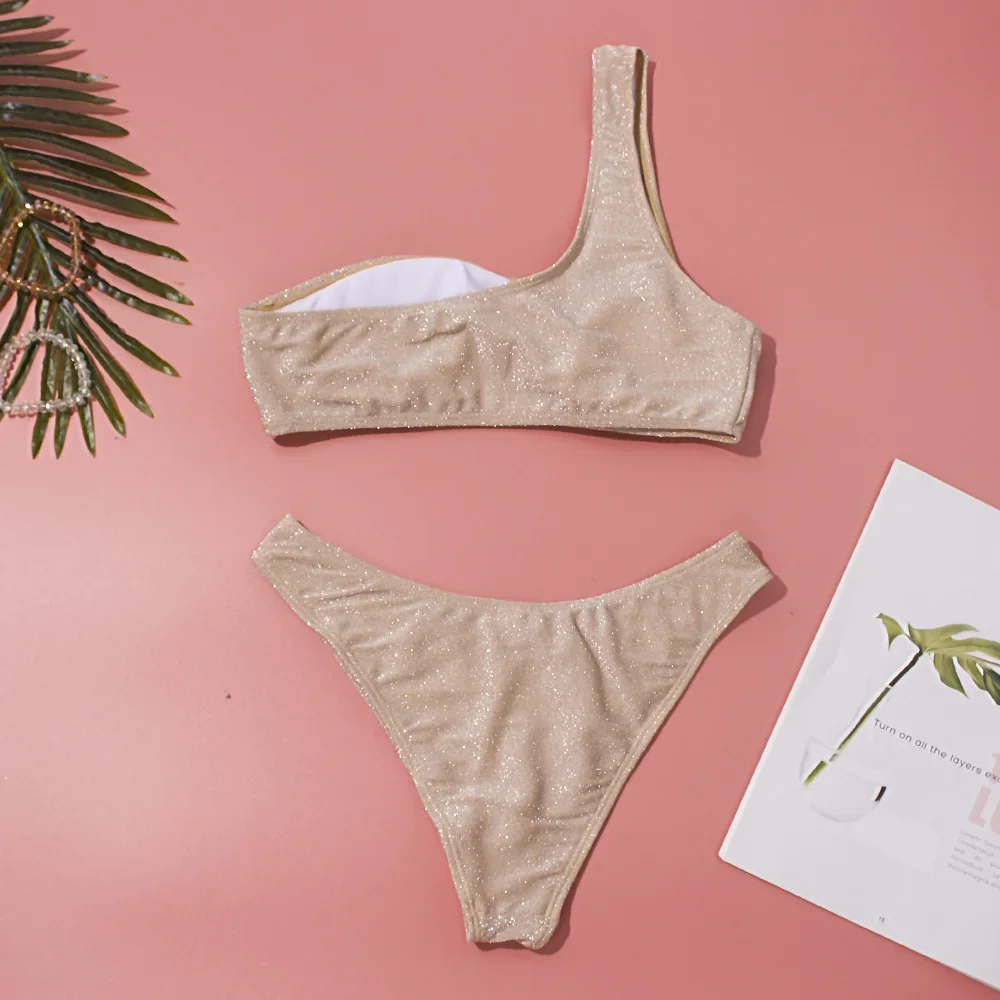 Conjunto de Bikini Sexy de un hombro para mujer, traje de baño brillante para mujer, traje de baño de dos piezas con purpurina de Color sólido