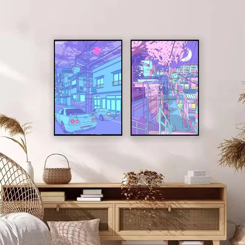Art N-Neon City Street Vaporwave Poster Premium Art Wall Decor, Simple Ornament for Living and Leisure Areas