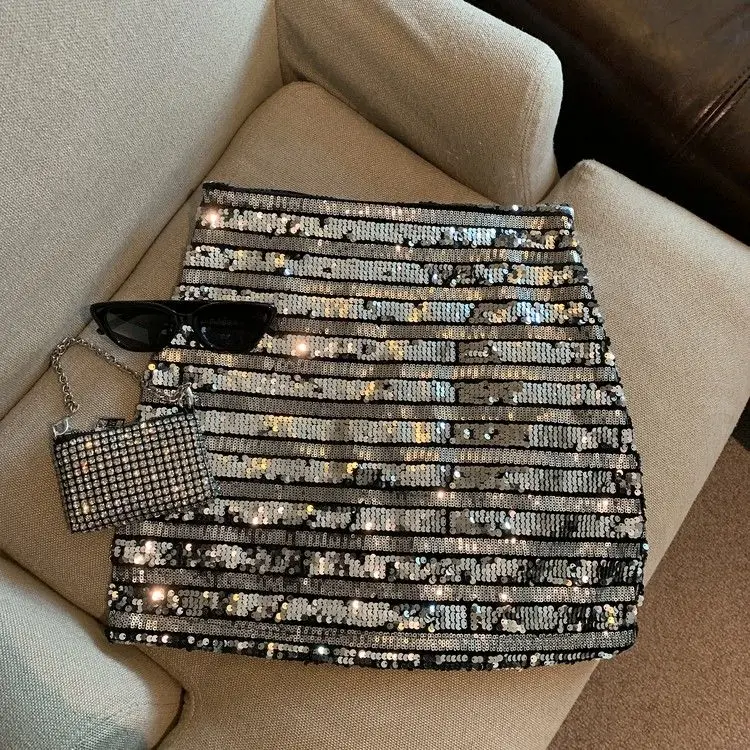 

Silver-gray Sequin Skirt for Women in Spring New Temperament Hip-pack Skirt for Small Hot Girl Anti-exposure A-line Skirt