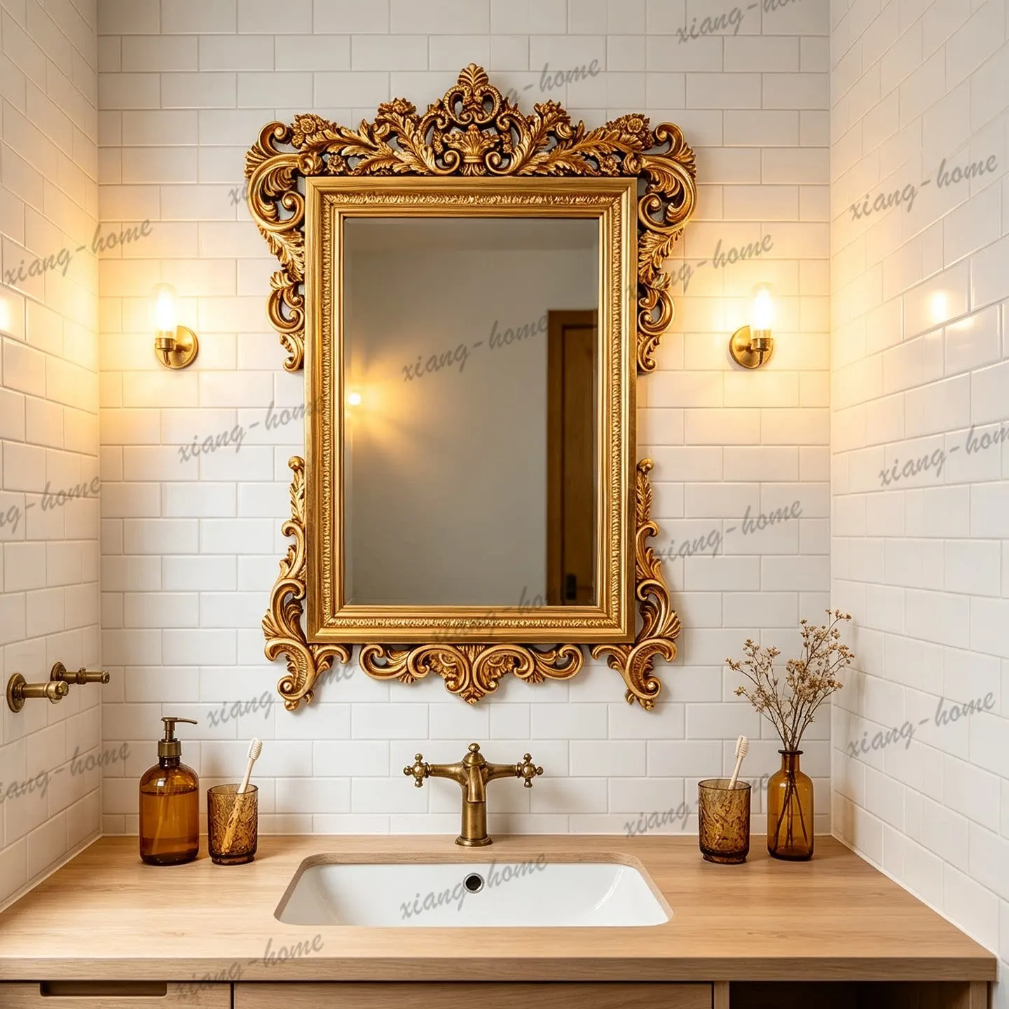 PG French retro carved bathroom mirror wall hanging American living room fireplace above European bathroom makeup mirror