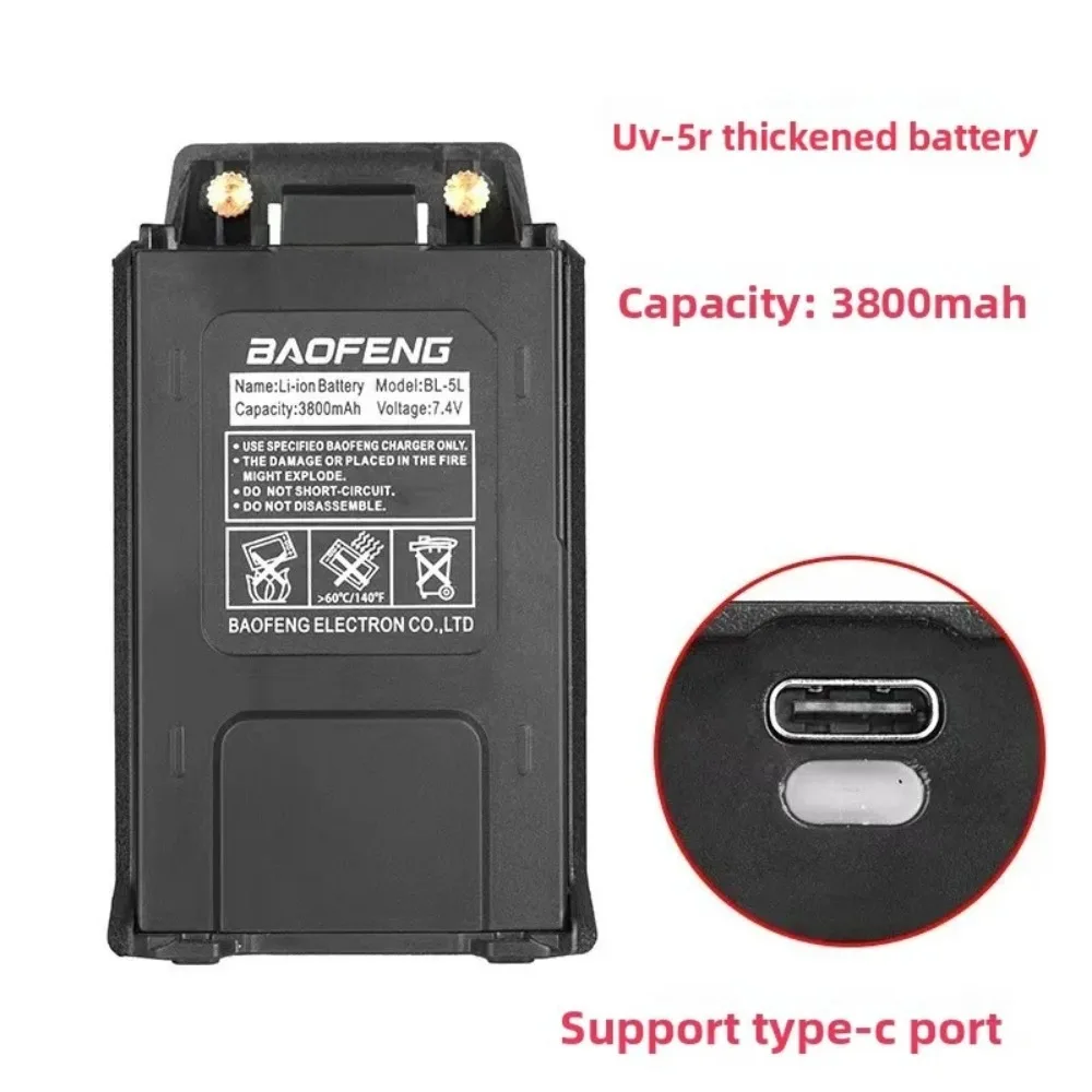 7.4V 3800mAh Thickened Lithium Walkie Talkie Battery With Type-C Charging Port For Baofeng UV-5R Two Way Radio