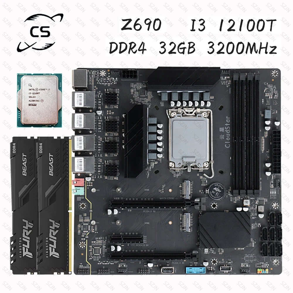 Z690 Motherboard Set NAS Combo I3 12100T DDR4 32GB 3200MHz Support 4 M.2 NVME 8 Native SATA  AV1 Format Hard Decoding