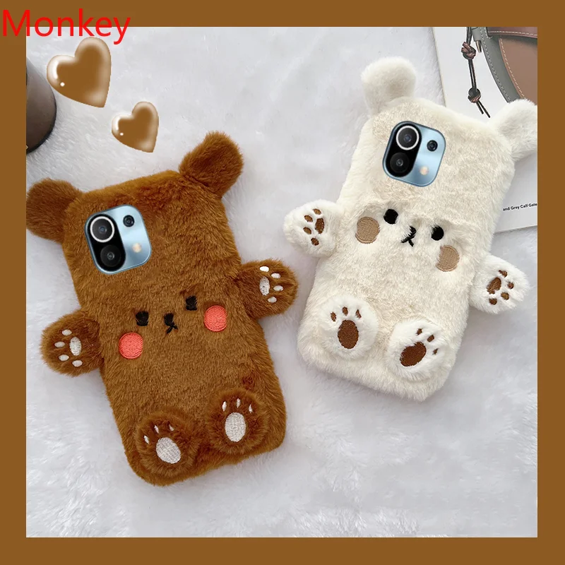 Cute Brown Bear Fur Phone Cases For Xiaomi Poco X4 X3 NFC F3 Pro M5 M4 M3 Redmi Note 8 7 6 8A 7A 6A Autumn Winter Tpu Case Cover