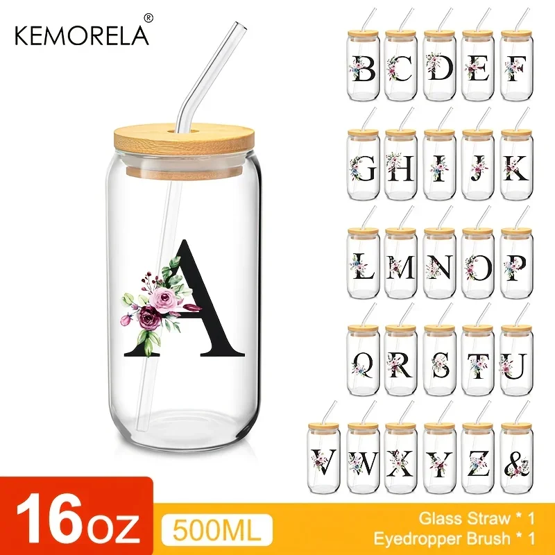 1 Stück 24 Buchstaben Glas Trinkbecher mit Bambusdeckel Stroh Custom Iced Coffee Cup 470 ml Klar Einmachglas Bier Smoothie Cocktail
