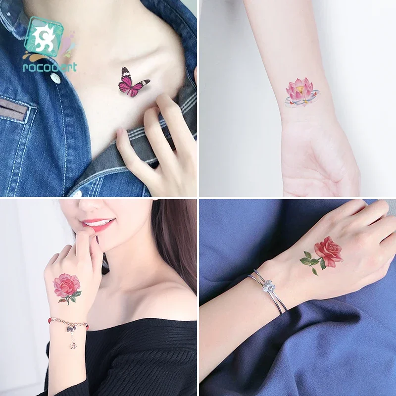 Small Size Flowers Fake Tattoo Rose Lavender Lotus Temporary Tatoo Body Art Woman Tattoo Stickers For Hand Face Sexy Taty