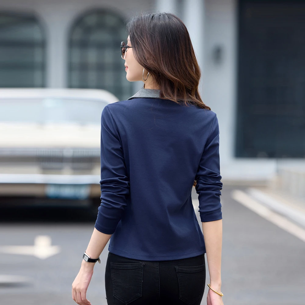 Women's European Long Sleeve T-Shirt High-End Cotton plus Size U-Shaped Lapel Casual Top for Spring And Autumn