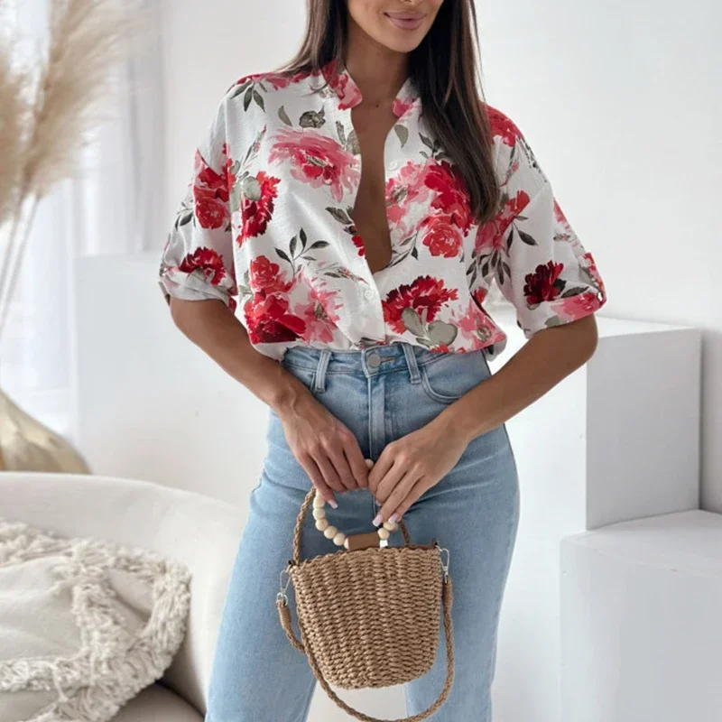 

Female Floral Print Half Sleeve Tops Blouse Elegant Casual Polo Collar Single-breasted Shirts Summer Temperament Commute Blouses