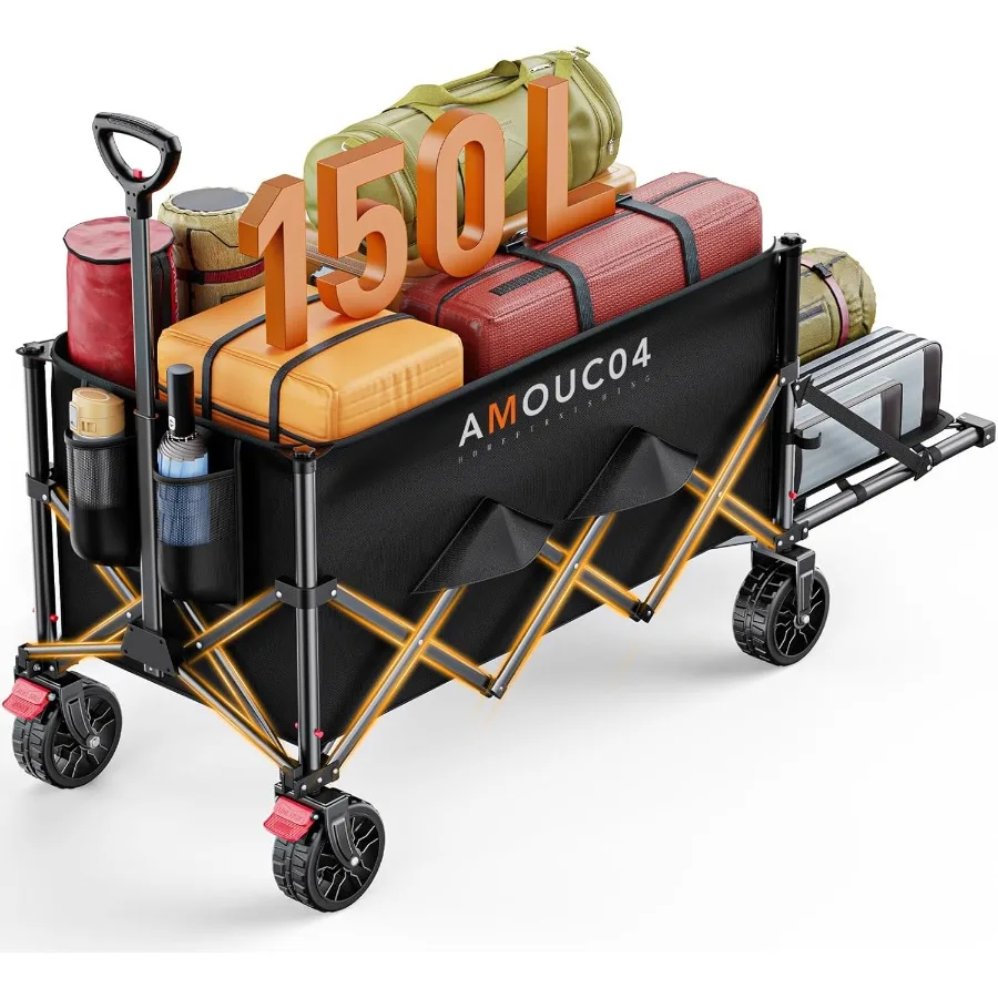 Foldable Collapsible Wagon Cart with Expandable Storage Capacity up to 150L Features 2 Cup Holders for Convenient Use in Outdoo