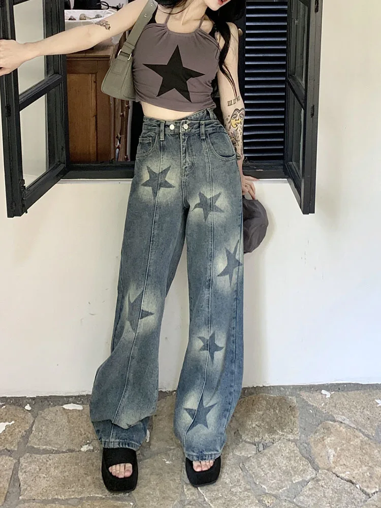 

Harajuku High Waisted Jeans Women 2023 Trend New American Street Retro Five Pointed Star Print Jeans Casual Fashion Baggy Jeans