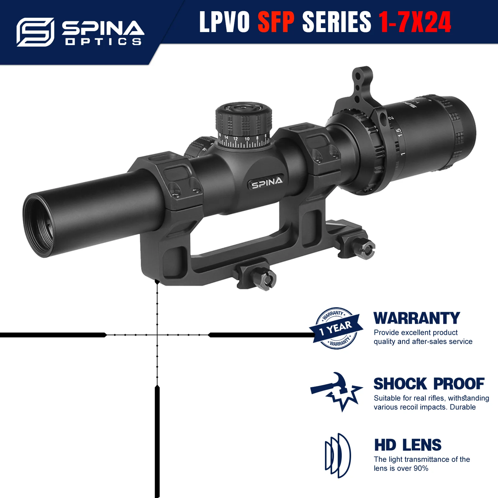 SPINA OPTICS HD LPVO 1-7x24 SFP 1/2 MOA Tactical Hunting Rifle Scope PCP Carbine AR15 CQB Riflescope 22LR.223 .308etc